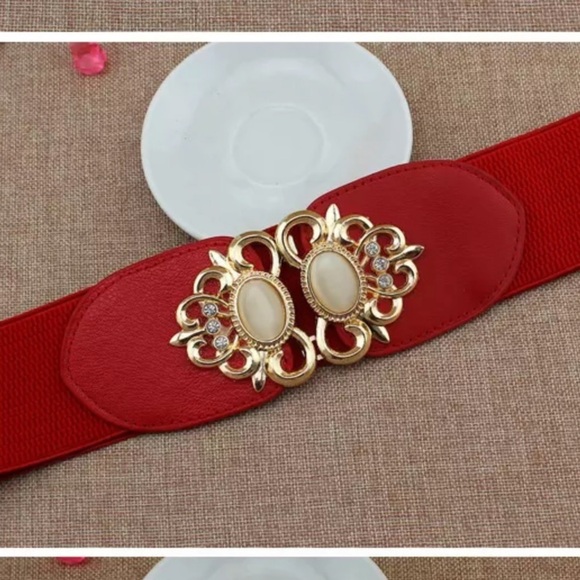 Elastic Leather Gemstone Wide Fashion Belt - Picture 2 of 7